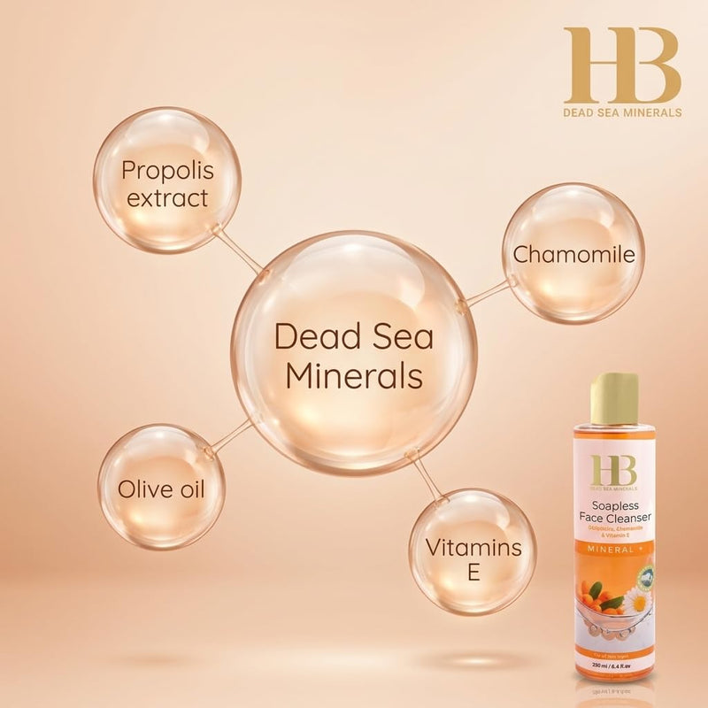 HB Dead Sea Minerals Soapless Face Cleanser with Sea Buckthorn, Chamomile & Vitamin E, Gentle Daily Facial Cleanser, Removes Dirt, Makeup & Excess Oil, Suitable for All Skin Types, 250 ml / 8.4 fl oz