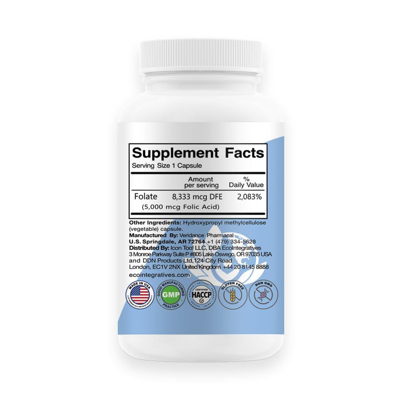 EcoIntegratives Folic Acid Folate 5mg (B9) Prenatal, Reproductive Health, Homocysteine, Metabolism, Cardiovascular, Bone, Immune Support, Allergen Free, Non GMO - 100 Vegan Capsules 1