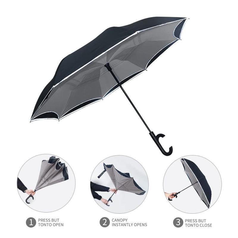 Dlin Inverted Reverse Windproof Umbrella,Upside Down Umbrella with C-Shaped Handle,Anti-UV Windproof Rain Double Layer Stick Umbrella for Women and Men. Grey
