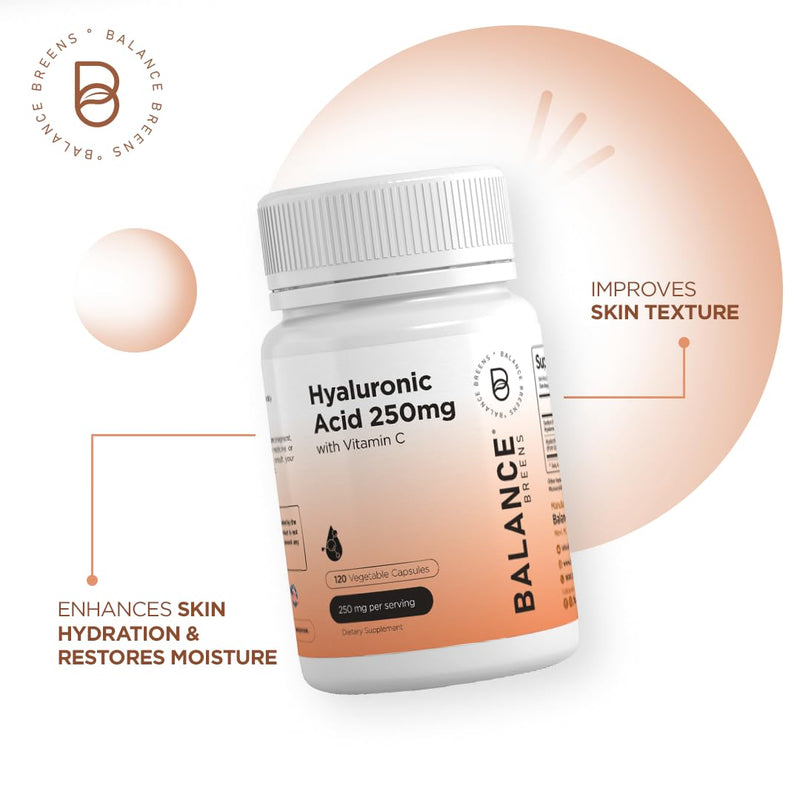 [Australia] - Pure Hyaluronic Acid Supplements 250mg with Vitamin C 50mg - 120 Vegan Capsules - Skin Hydration for Natural Glow - Pure HA Supplement w/Hair, Nails, Bone & Joint Health Formula 120 Count (Pack of 1) 