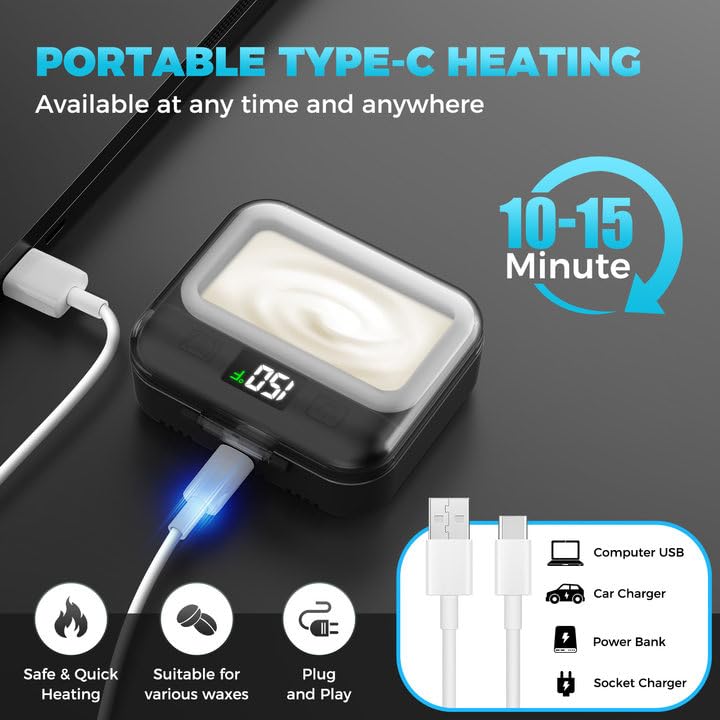 [Australia] - Nose Wax Kit Men,Nose Hair Waxing Kit with Adjustable LED Display,Ear Hair Removal Kit for Men Women 100 g Wax 70 Applicators,Constant Temp,USB Heated,Pocket-Size,Black Black 