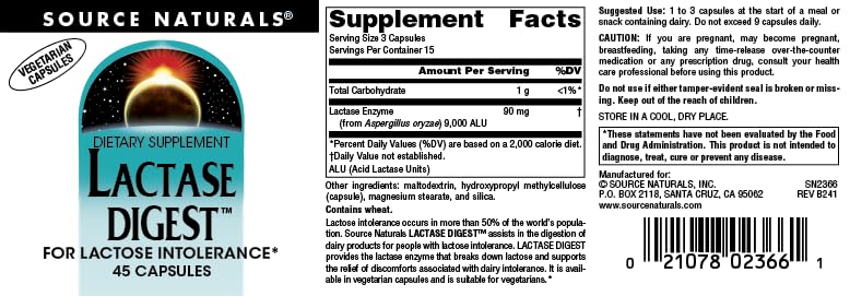 [Australia] - Source Naturals, Inc. Lactase Digest* - 45 VegCap 
