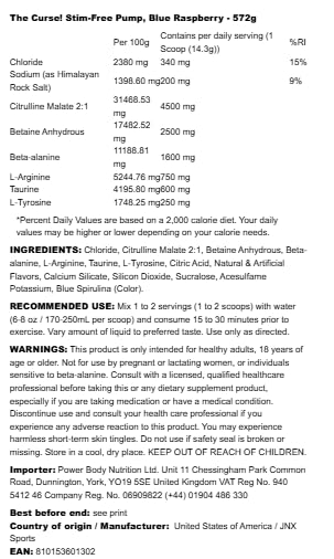 JNX The Curse! Pump – Stim-Free Pre-Workout | Blue Raspberry 40 Serves | Caffeine-Free Pump Pre Workout, Non-Stim Nitric Oxide Preworkout for Men & Women (572 g, Blue Raspberry) 572 g