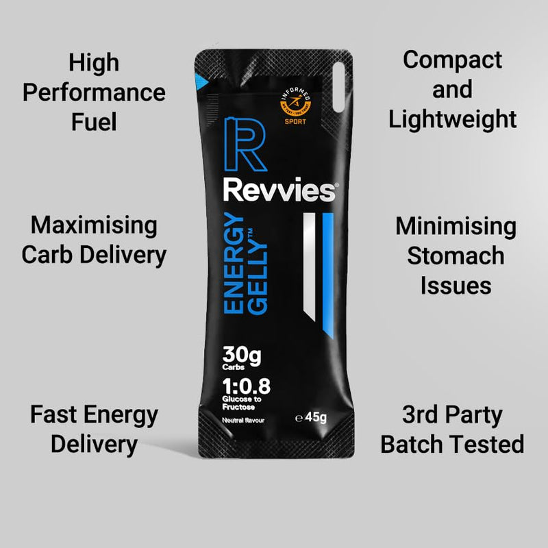 REVVIES Energy Gelly - 12-Pack | 30g Dual Source Carbs | Easy on the Stomach | Fast Acting | Neutral Flavour | Natural Ingredients | Vegan & Gluten Free | Batch Tested