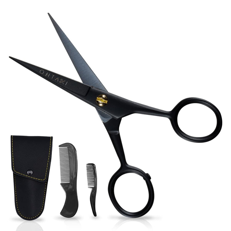 [Australia] - ONTAKI Professional German Steel Beard Scissors 5" Men's Mustache Scissors with Beard Comb and Carry Case Hand Forged Bevel Edge Precision Facial Hair - Black 
