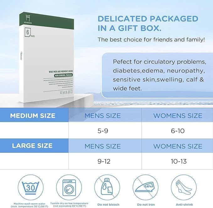 [Australia] - Diabetic Socks for Men Women-6 Pairs Non Binding Crew Diabetic Neuropathy Socks with seamless toe for size 6-9 9-12 Tan/Khaki/Navy/Pale Blue/Navy Blue/Offwhite Large 