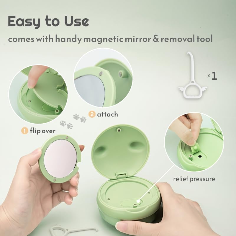 Cute Retainer Case with Removal Tool and Mirror, Compact Bath Cup with Strainer Tray for Partial Denture, Leakproof Soaking Container for Aligners, Mouth Guards, Night Guards, Veneers (Green Cat) Green Cat