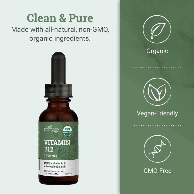 Earth Harmony Naturals Organic Vegan Vitamin B12 Sublingual Liquid Supplement - 2500mcg Methylcobalamin Drops for Natural Energy, Metabolism Health and Immune System Support - 1 Fl Oz 1 Fl Oz (Pack of 1)