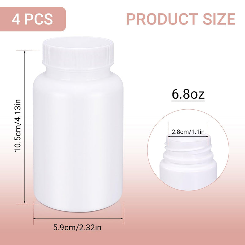 White Pill Bottle, Empty Medicine Bottles with Screw Caps for Pills Capsules Vitamins, Food Grade Plastic Medicine Containers with Labels for Travel (6.7oz/200ml, 4 Pcs) White ['200ml']