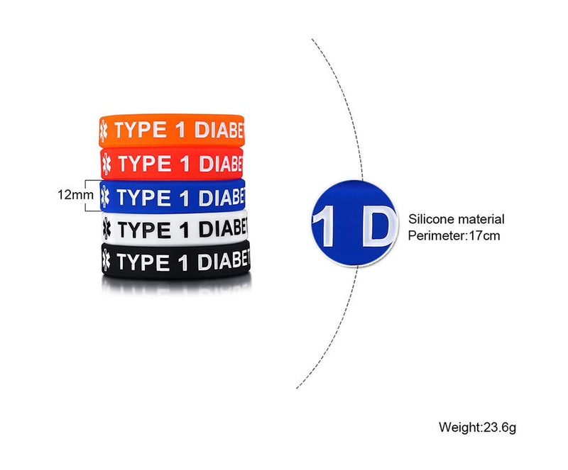 [Australia] - MEALGUET Pack of 5 Comfort Silicone Medical Alert ID Type 1 Diabetic Type 2 Diabetic Wristband Awareness Diabetic Bracelet for Kid Boys Girls, 6.7" B-Type 1 Diabetic 