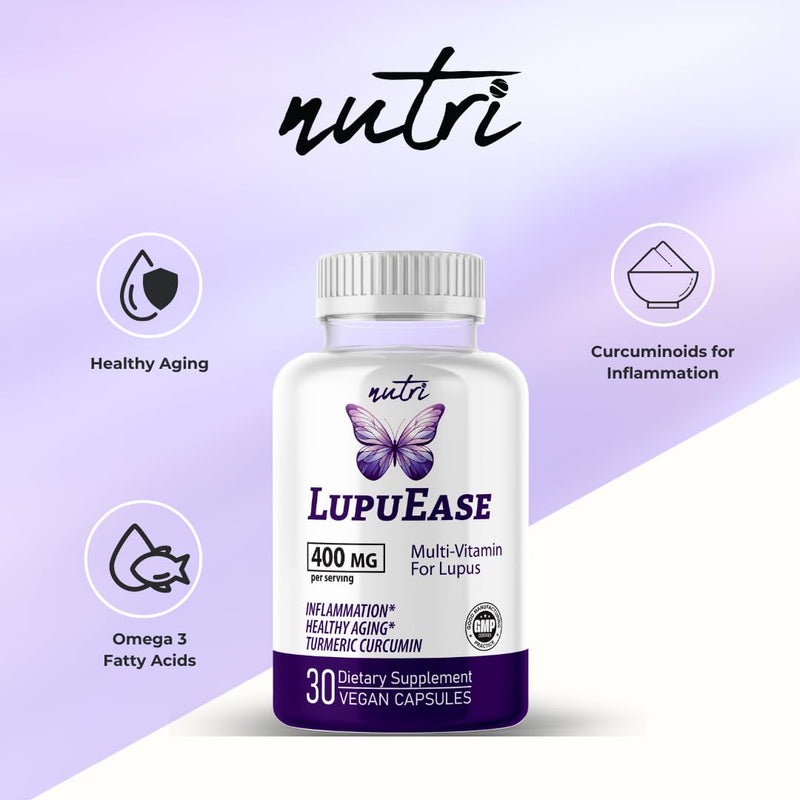 LupuEase Lupus Relief Products Multivitamin Lupus Supplements - Vitamin C, D3, E, B12, Turmeric Curcumin Extract (Std. 95% Curcuminoids) - Omega 3 Fatty Acids - 30 Day Supply - 400mg - 60 Capsules