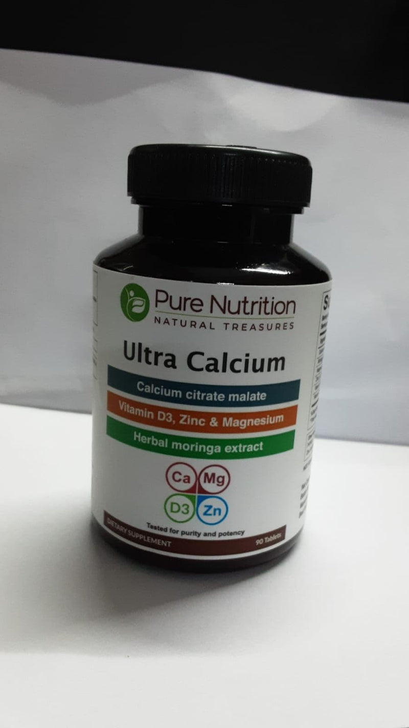 Pure Nutrition Ultra Calcium 1000mg with VIT D3 + K | 90 Tab | Calcium Supplement with Calcium Citrate Malate, VIT D3, K, Moringa Oleifera, Magnesium and Zinc. 90 Count (Pack of 1)
