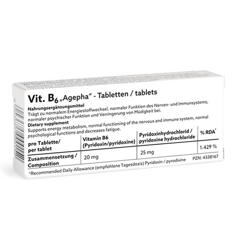 Vitamin B6 by AGEPHA Pharma | 20mg Pyridoxine Tablets | Vitamin B6 Deficiency Tablets for Diabetics and Pregnant | Specially Micronized for Easy Intake | 20 Tablets | Highest Grade EU Quality