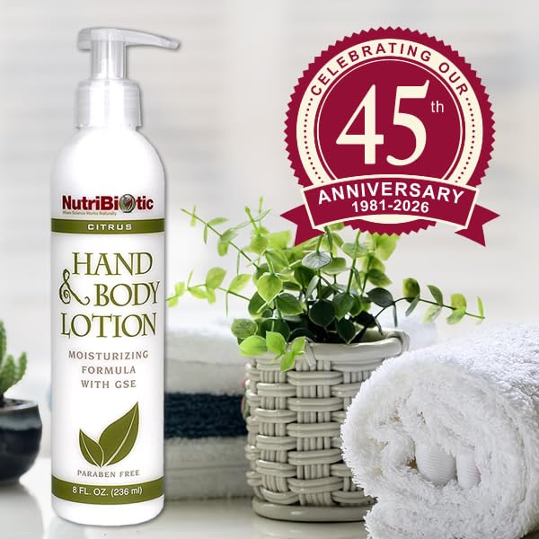 NutriBiotic – Hand & Body Lotion, Citrus, 8 Fl Oz | Biodegradable | Vegan | Gentle Moisturizing | No Dyes or Colorings | pH Balanced | with Citricidal Brand Grapefruit Seed Extract | No Parabens | Vitamin E And C, Aloe And Shea Butter, Grapefruit Seed ...
