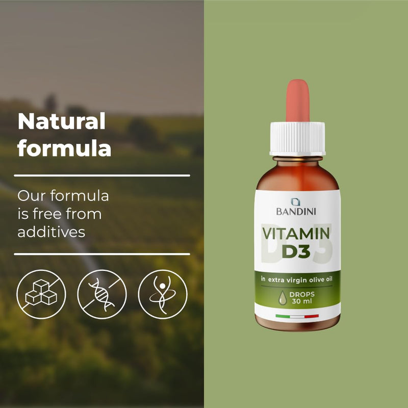 Bandini® Vitamin D3 Drops - 2000 IU per Drop | Liquid Vitamin D Supplement in Extra Virgin Olive Oil | Supports Normal Bones, Teeth and Immune System | High Bioavailability | 30ml - 840 Drops