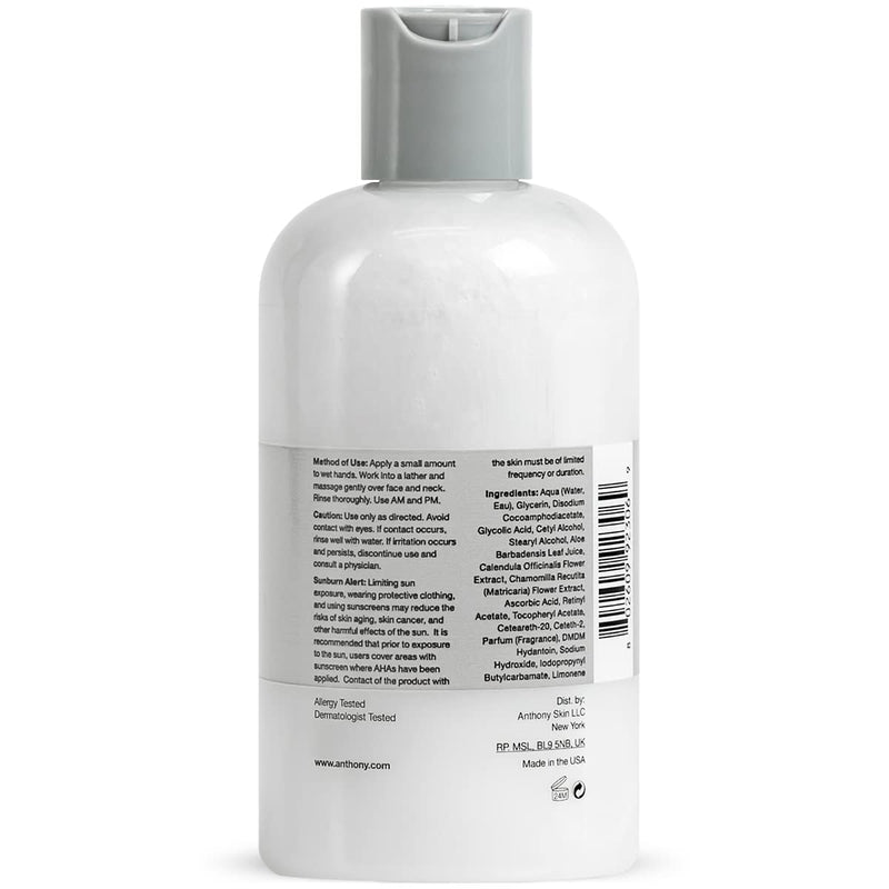 [Australia] - Anthony Glycolic Facial Cleanser for Men, Daily Exfoliating & Hydrating Face Wash, Shave Prep, Non-Foaming, Deep Cleansing, Gentle on Sensitive Skin, Removes Dirt & Oil, Smooths Texture, 8 Fl Oz 8 Fl Oz (Pack of 1) 