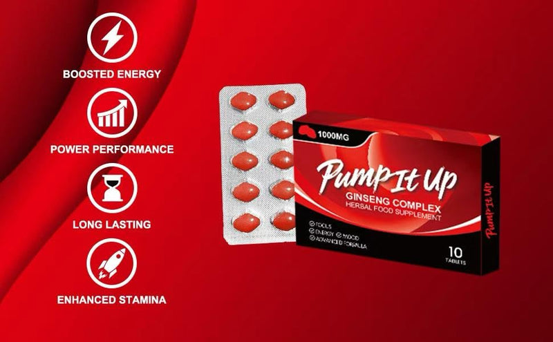 PUMP IT UP RED 1000mg | Stronger | Longer | Harder | Performance | Extra Strength Enhancing Pills, Stamina Endurance Booster Supplement Pills for Men | 10 Ginseng & Maca Tablets