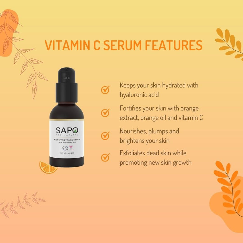 Sapo All Natural Vitamin C Serum for Face with Sodium Ascorbyl Phosphate, Hyaluronic Acid & Chamomile, Lightweight Fast-Absorbing Facial Serum for Bright-Looking Skin, 1 oz