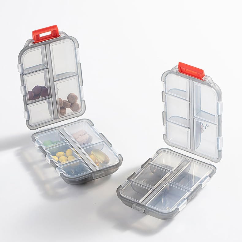 Weekly Travel Pill Organizer Box, 10 Compartments Small Fold Case | Medicine Holder, Daily AM PM Morning Night Pocket Travel Capsule Dispenser for Vitamin, Fish Oil, Supplement, Tablet, Grey 10 slot