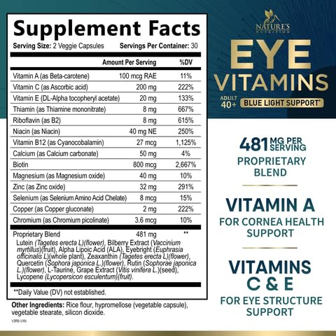 Eye Vitamins Supplements - 3x Strength Eye Health Vitamin with Lutein and Zeaxanthin - Vision Macular Health & Eyes Support With Zinc, Vitamins C E & Minerals, Bottled in USA - 60 Capsules 60 Count (Pack of 1)