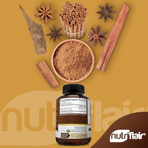 NutriFlair Organic Ceylon Cinnamon Supplement 1200mg, 120 Capsules - USDA Certified - Non-GMO, Gluten Free Powder, Antioxidant Pills 120 Count (Pack of 1)