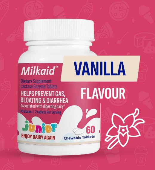[Australia] - Milkaid Junior Lactase Enzyme Chewable Tablets for Lactose Intolerance | Prevents Gas, Bloating, Diarrhea in Children| Fast Acting Dairy Digestive Supplement for Kids| 60 ct (60 Tablets, Vanilla) 60 Count (Pack of 1) 