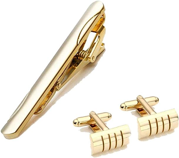 [Australia] - JUNHAN Men's Tie Clip and Cufflinks Set Business Necktie Clip Tie Bar Clips Shirts Wedding Gift Box Gold 