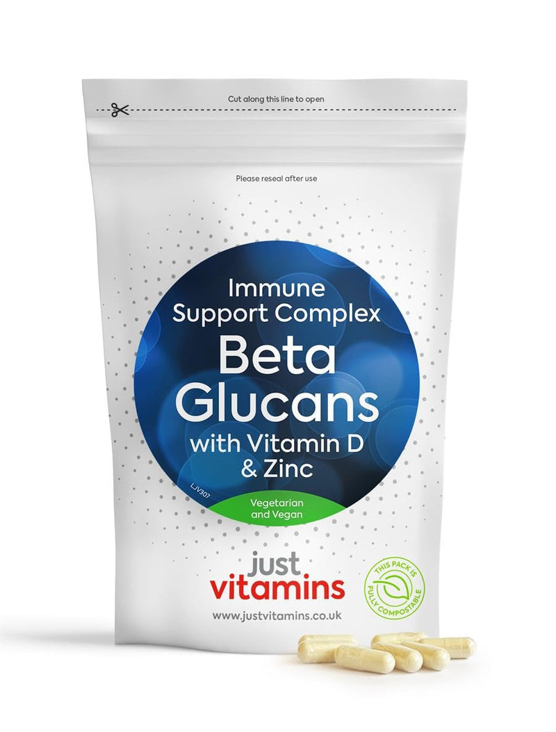 Beta Glucans 200mg 1,3/1,6 with Vitamin D & Zinc | 60 Vegan Capsules | Winter Immune System Support, Boosts Natural Defenses, Enhances Overall Health | UK Made - Just Vitamins 90 count (Pack of 1)