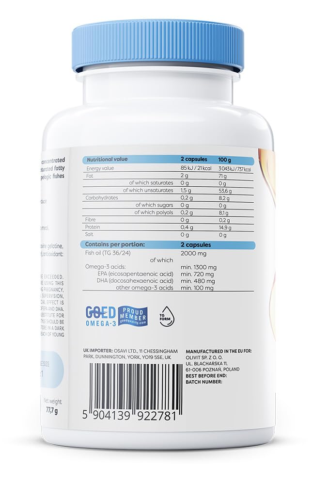 Osavi Omega–3 Extra Molecularly Distilled 1300 mg – 120 Softgels | Lemon Flavor | EPA & DHA for Heart Health, Brain Function, and Vision I Molecular Distillation for Maximum Purity 120 count (Pack of 1)