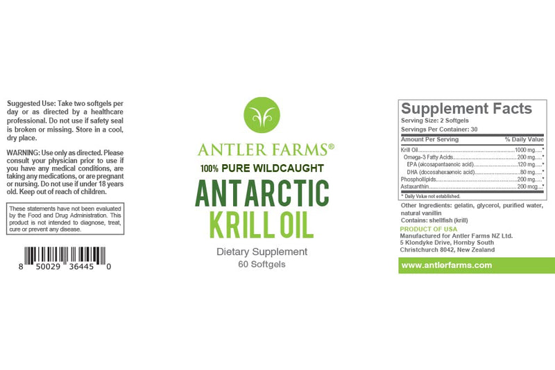[Australia] - Antler Farms - 100% Pure Wild Caught Antarctic Krill Oil from Cold, Pristine Waters, 60 Softgels – Clean, Omega-3 EPA + DHA Supplement w/Astaxanthin, Rapid Absorption 