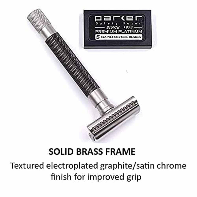 [Australia] - Parker Semi-Slant Safety Razor – Graphite Finish | Close Shaving Double Edge Razor for Sensitive Skin & Coarse Hair | Slanted Precision Head + 5 Platinum DE Blades | Iconic Brand 