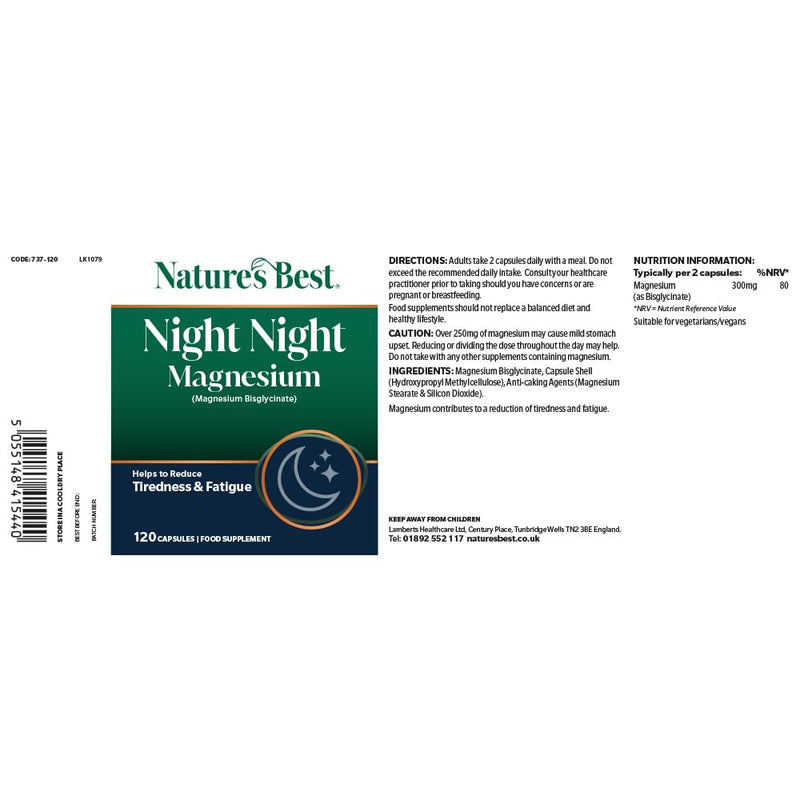 Nature’s Best Night Night Magnesium - Bisglycinate for Rest & Muscle Function - 120 Vegan Capsules (2 Month Supply)