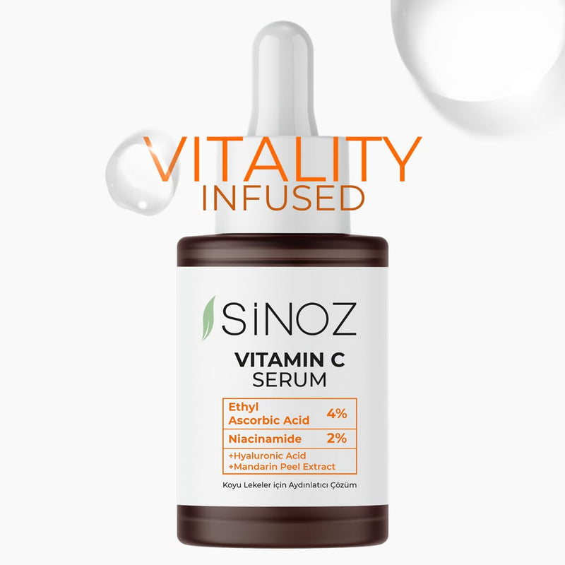 Sinoz Vitamin C Brightening Face Serum | With Hyaluronic Acid & Vitamin C%4 + Niacinamide%2 | Evens Skin Tone, Fades Dark Spots & Fine Lines | Lightweight & Fast Absorbing | 30 ml
