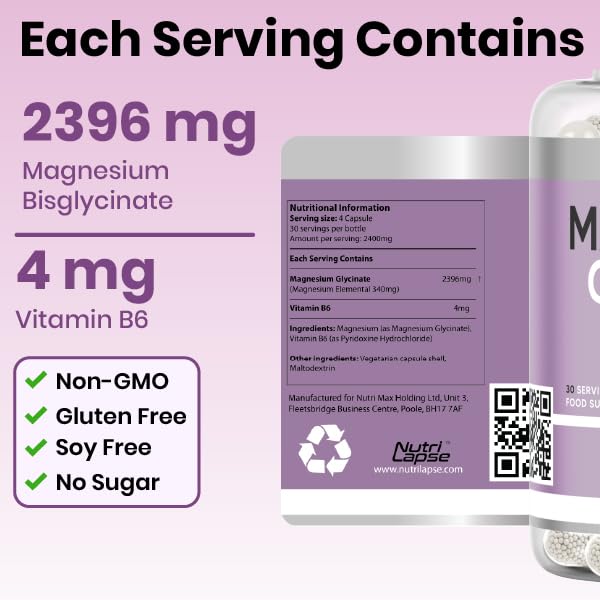 Magnesium Glycinate 120 Capsules – High Strength, Granular Technology, Sustained Slow Release for Maximum Absorption – 2400mg Delivering 340mg Elemental Magnesium per Serving