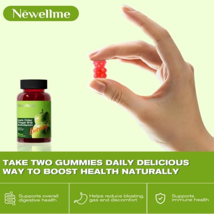 [Australia] - NEWELLME Apple Cider Vinegar Gummies B12 Multivitamin,ACV Supplement Gummy Vitamins,Non GMO, Vegetarian Supplement for Women & Men,Support Normal Energy Levels & Gut Health 60 Gummies (60) 