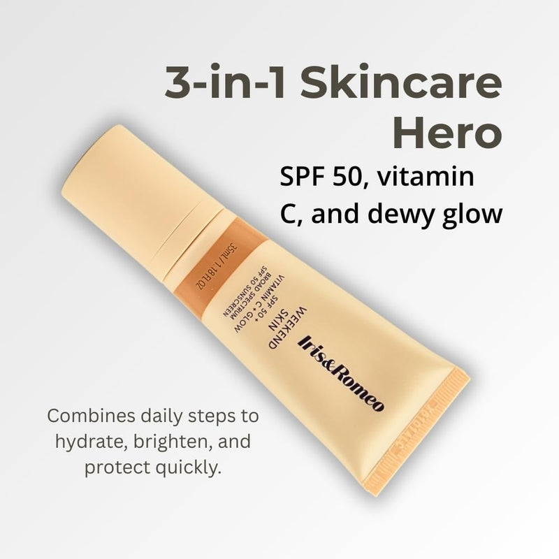 IRIS&ROMEO Weekend Skin SPF 50 – Warm Glow, Mineral Sunscreen with Vitamin C & Niacinamide for Dewy Golden Finish, 1.18 fl oz