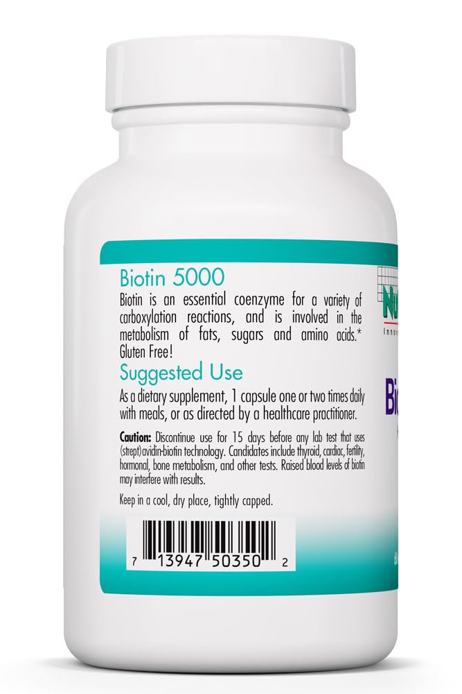 Nutricology Biotin 5000 mcg, Hair Skin and Nails, 60 Capsules | 5000 mcg Vitamin B Biotin for Metabolism, Energy Production and Hair, Skin and Nail Support, Gluten-Free, 60 Servings