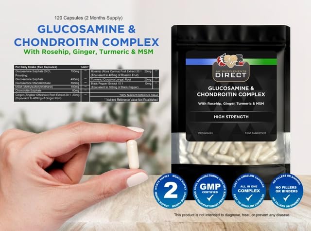 AW Glucosamine and Chondroitin Complex | 120 Glucosamine and Chondroitin High Strength Capsules - 400mg Glucosamine & 350mg Glucosamine per 2 Capsule Serving with Turmeric & Rosehip