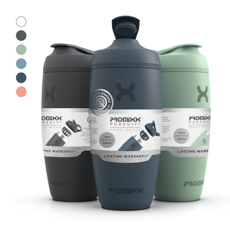 [Australia] - Promixx PURSUIT Protein Shaker Bottle New Edition - Insulated Stainless Steel Water Bottle and Blender Cup, 550ml, Graphite Grey 