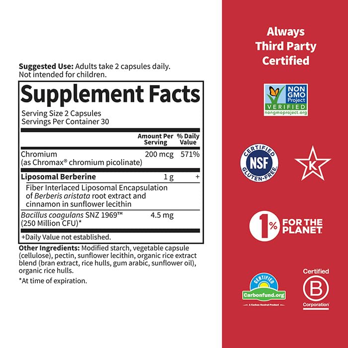 [Australia] - Garden of Life Liposomal Berberine and Chromium Picolinate for Already Healthy Blood Sugar, Glucose Metabolism and Cholesterol—Probiotics for Easy Digestion—Non GMO, Gluten Free, Kosher, 30 Servings 