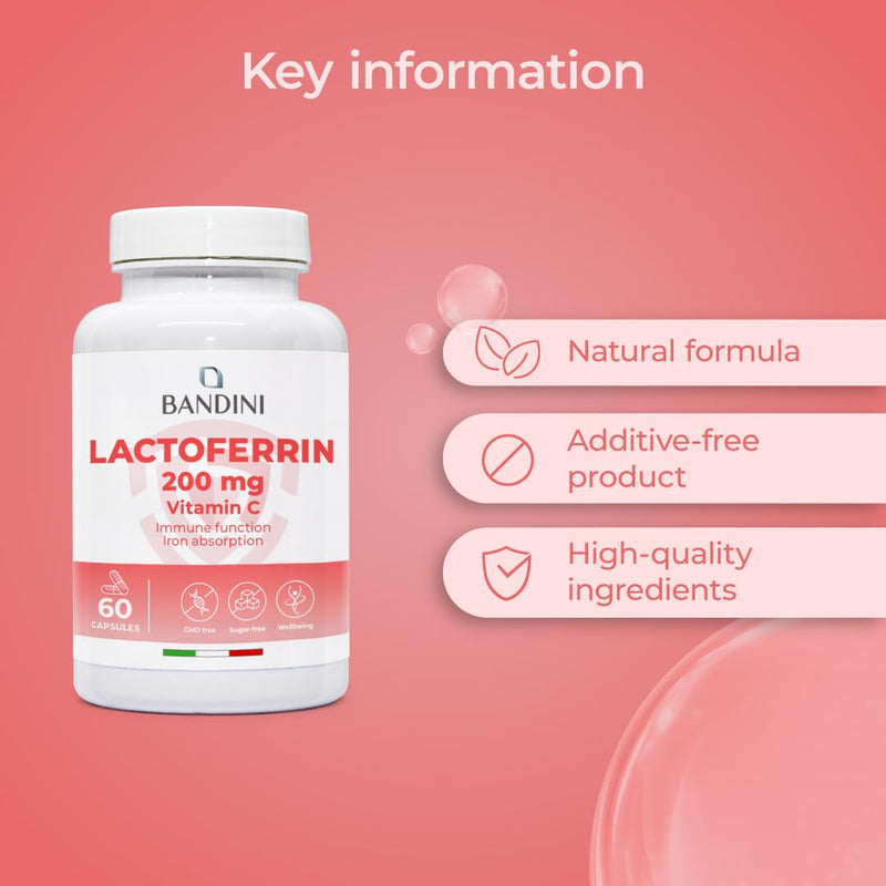 Bandini® Lactoferrin 60 Capsules - 200mg Lactoferrine + 60mg Vitamin C per Daily dose (1 Capsule) - Improves Iron Absorption & Immune System Function - A Component in Colostrum - Vegetarian, GMO-Free 60 count (Pack of 1)