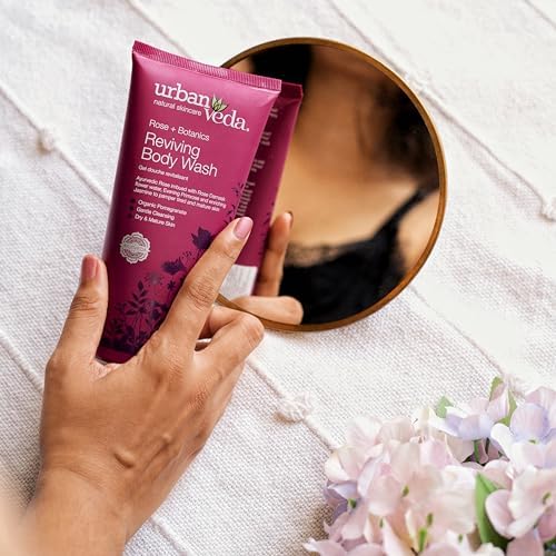 Urban Veda Skin Firming Body Wash with Vitamin C | Moisturizing Body Wash with Evening Primrose Oil | Mature Skin Bath & Shower Gel Wash | Exfoliating Body Wash Women & Men | 6.07 Fl Oz Rose & Jasmine
