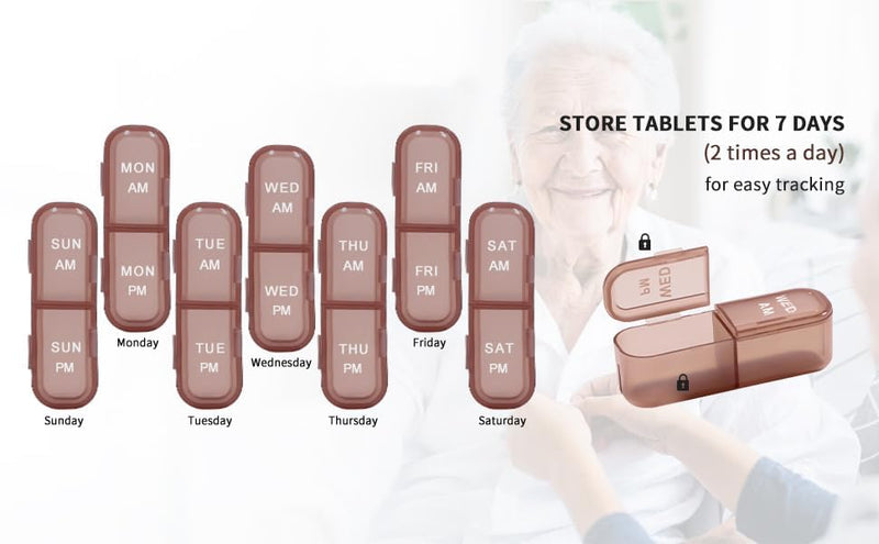 Pill Organizer 2 Times a Day, Weekly Travel Case for Vitamins, Fish Oils + 2 Detachable Cute Boxes (Brown) Brown