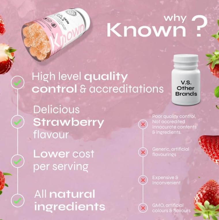 Known Tasty Sugar Free Hair, Skin & Nails Gummies – Multivitamin – Natural Strawberry Flavour – 60 Vegan Gummies, 1 Month Supply