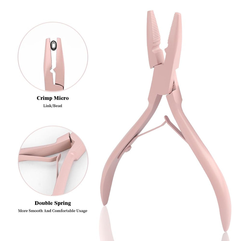 Hair Extension Pliers Kit Microlink Pliers for Extensions Hair Extension Beading Tool Hair Needle Pulling Hook Hair Styling Bead Closer and Remover Pliers Pink