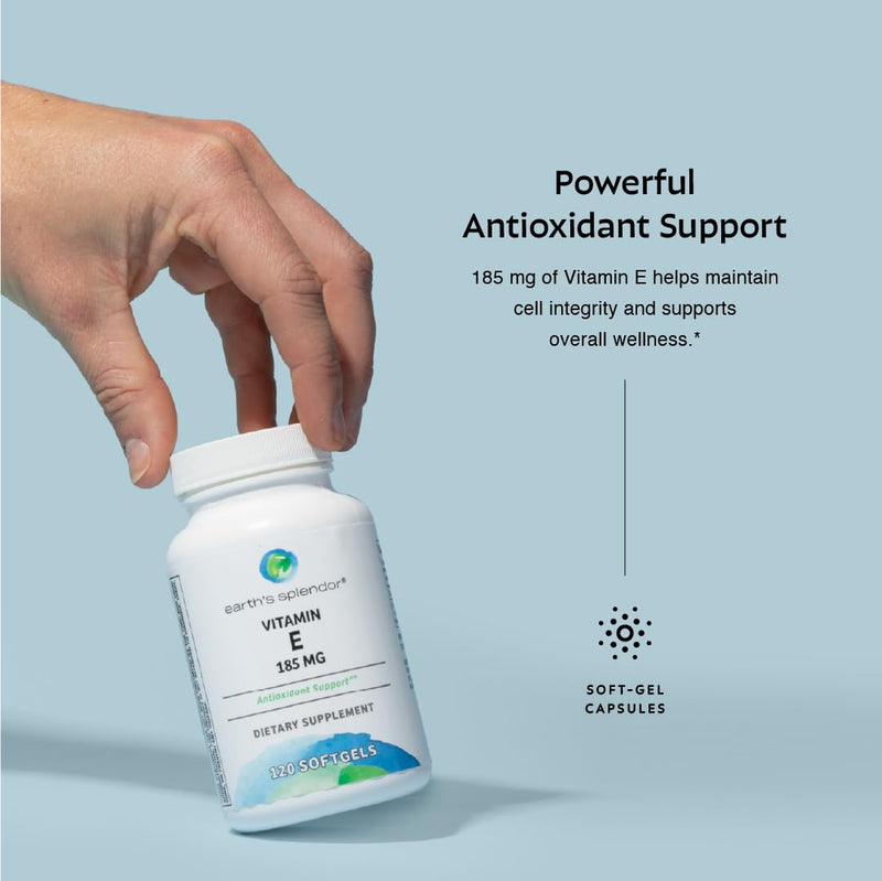 Earth's Splendor Vitamin E Softgels 185mg 120 Four Month Supply | Vitamin E Softgels 185mg Antioxidant Skin Heart Immune Support 120 Count Four Month Supply