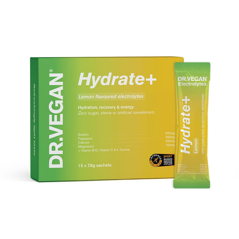 DR.VEGAN® Hydrate+ Electrolyte Sachets, Informed Sport Certified, with Vitamin B12 & C, L-Taurine | Natural Lemon | No Sugar or Artificial Sweeteners | Full Spectrum Electrolytes (15 Sachets) 15 Sachets