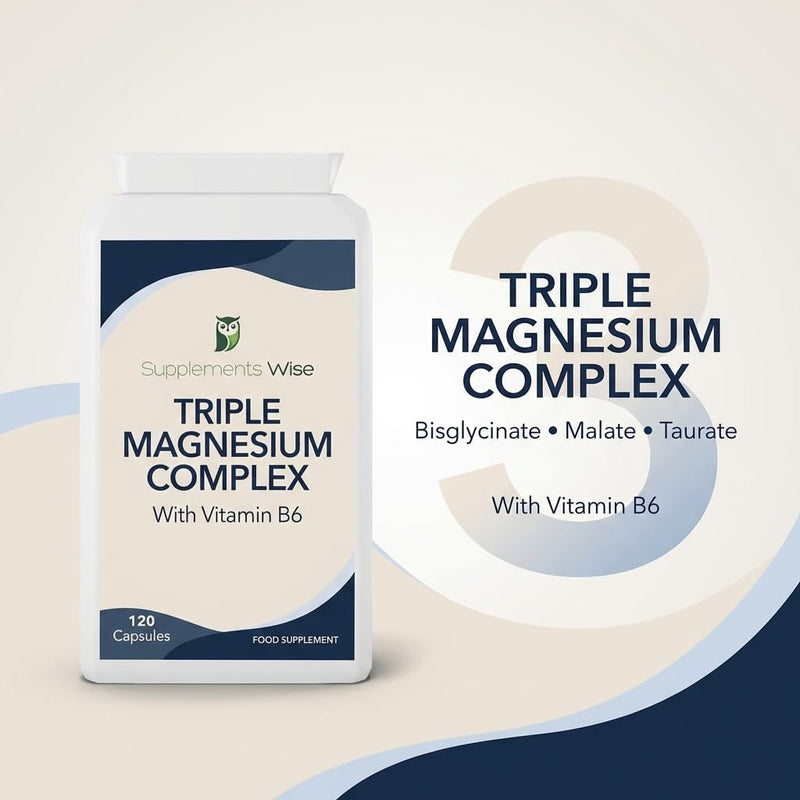 Triple Magnesium Complex - 3 in 1 Blend - Bisglycinate, Malate and Taurate with Vitamin B6 - Magnesium Complex Supplements Suitable for Women and Men - 120 High Strength Capsules