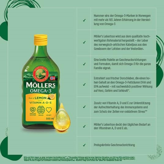 [Australia] - Möller's Omega 3 cod liver oil | Nordic Omega 3 nutritional supplement with EPA, DHA, vitamin A, D, E | Superior Taste Award | Highly pure natural | 165 year old brand | lemon | 500 ML 500 ml (pack of 1) 