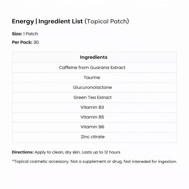 The Patch Remedy Energy Patches | 30 Topical Patches | Caffeine from Guarana, Taurine, Vitamin B6, Vitamin B3, Vitamin B5, Green Tea | 12-24 Hours